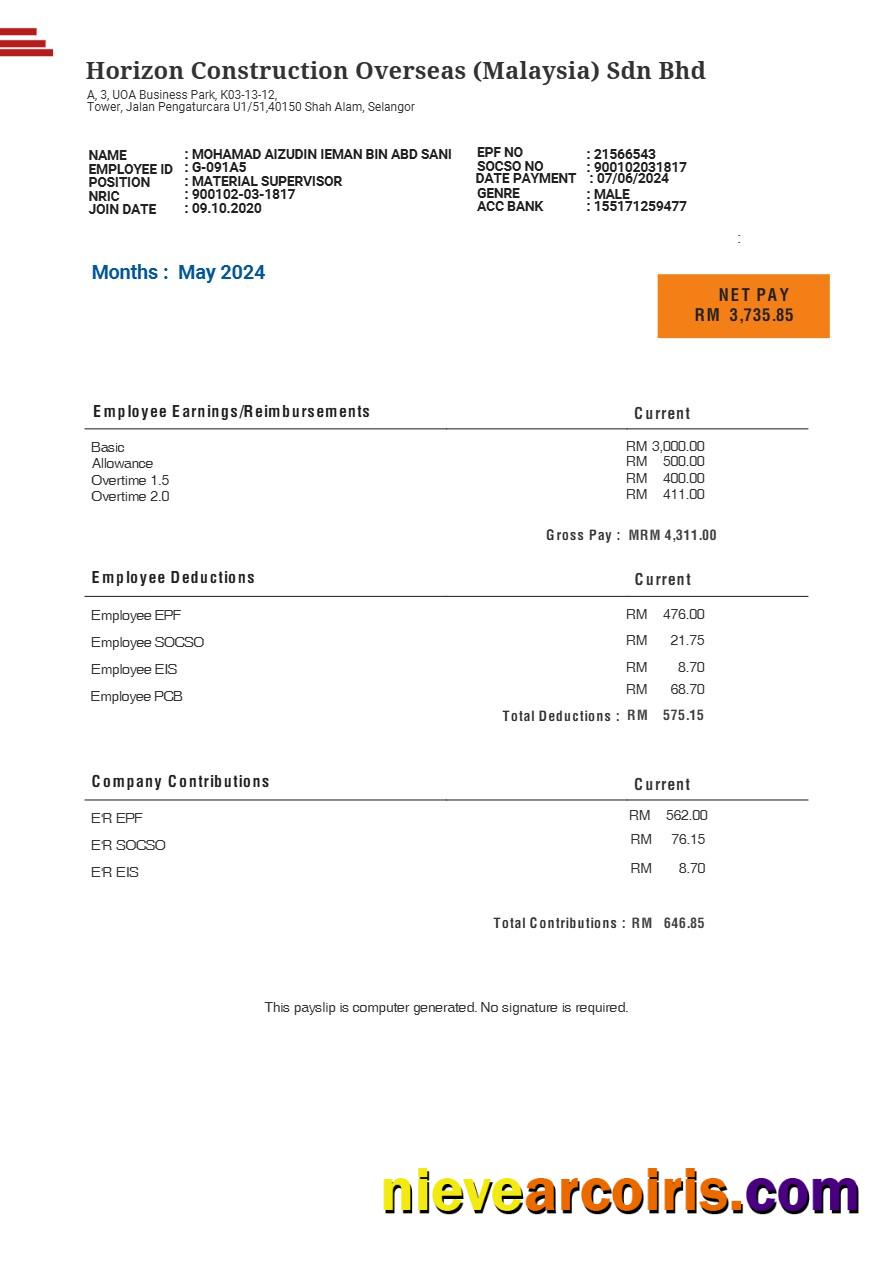 Malaysia Horizon Construction Overseas payslip